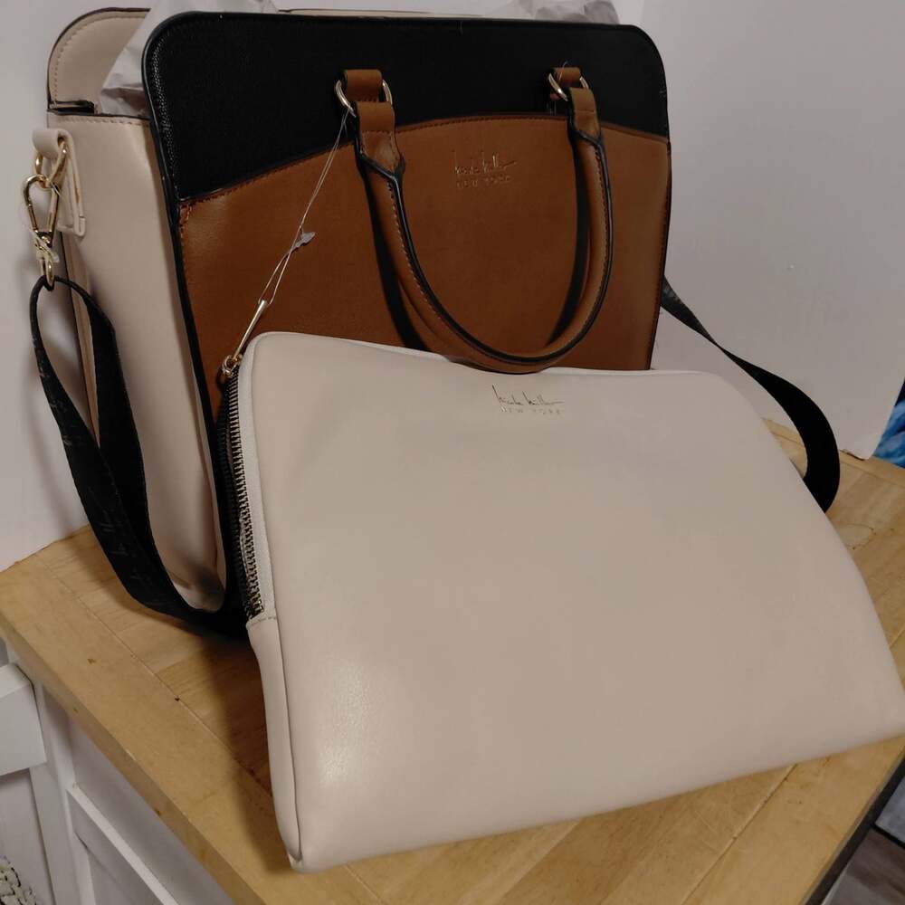 New Nicole Miller tri color black brown white purse sarchel with pouch